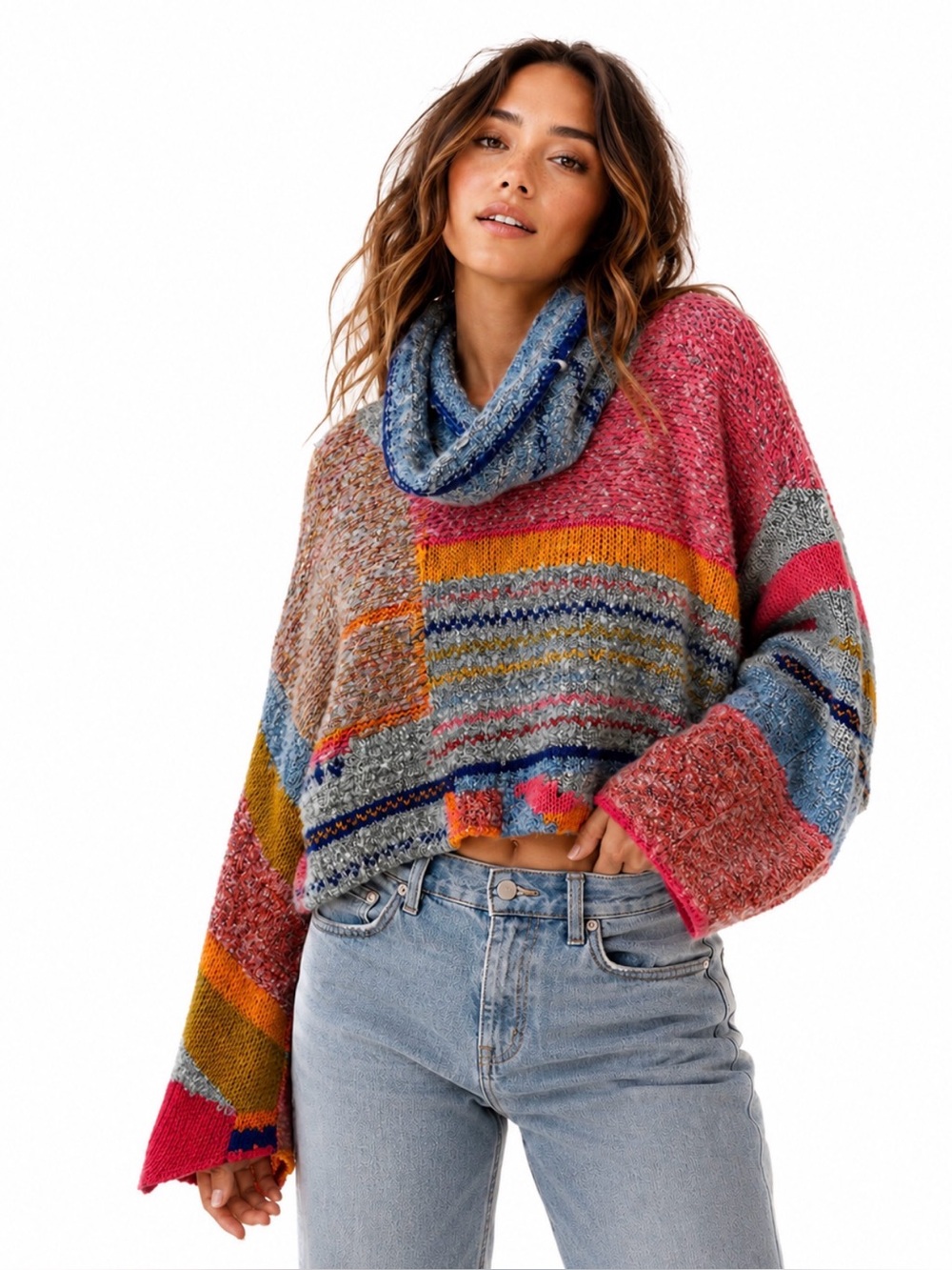 Sincerely Jules Multicolor Striped Cropped Cowl Sweater XS